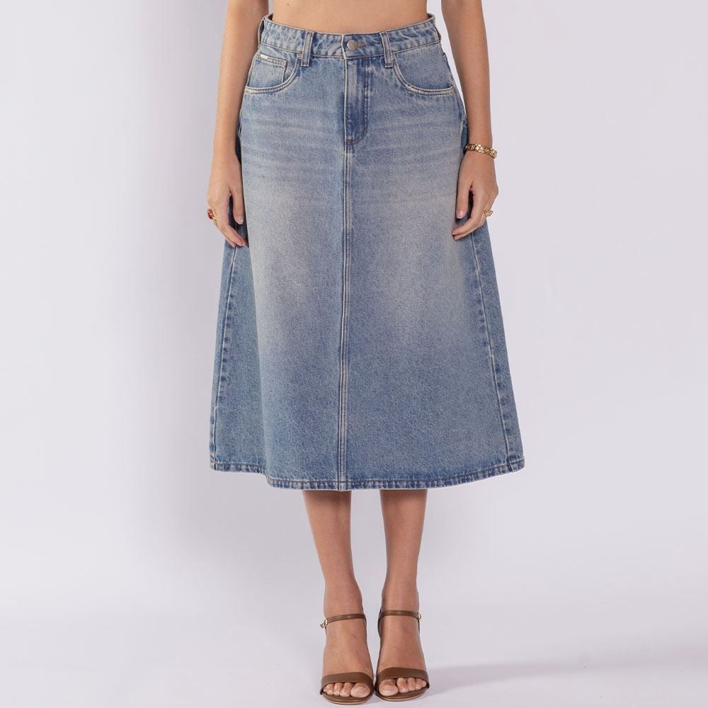 Saia Jeans Feminina Midi Evasê Boby Blues