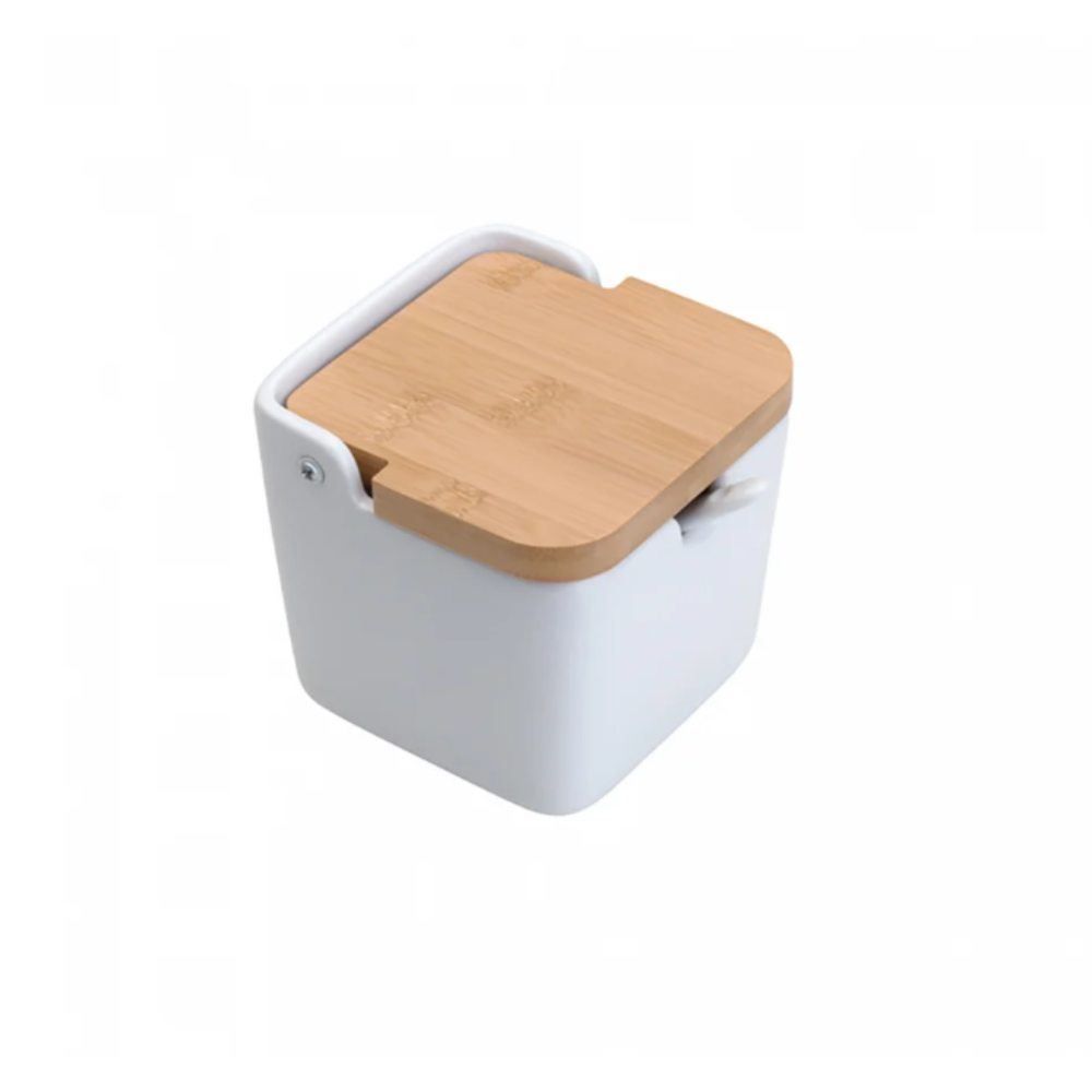 Saleiro de Cerâmica com Tampa e Colher Bianco 10Cm Lyor - Branco