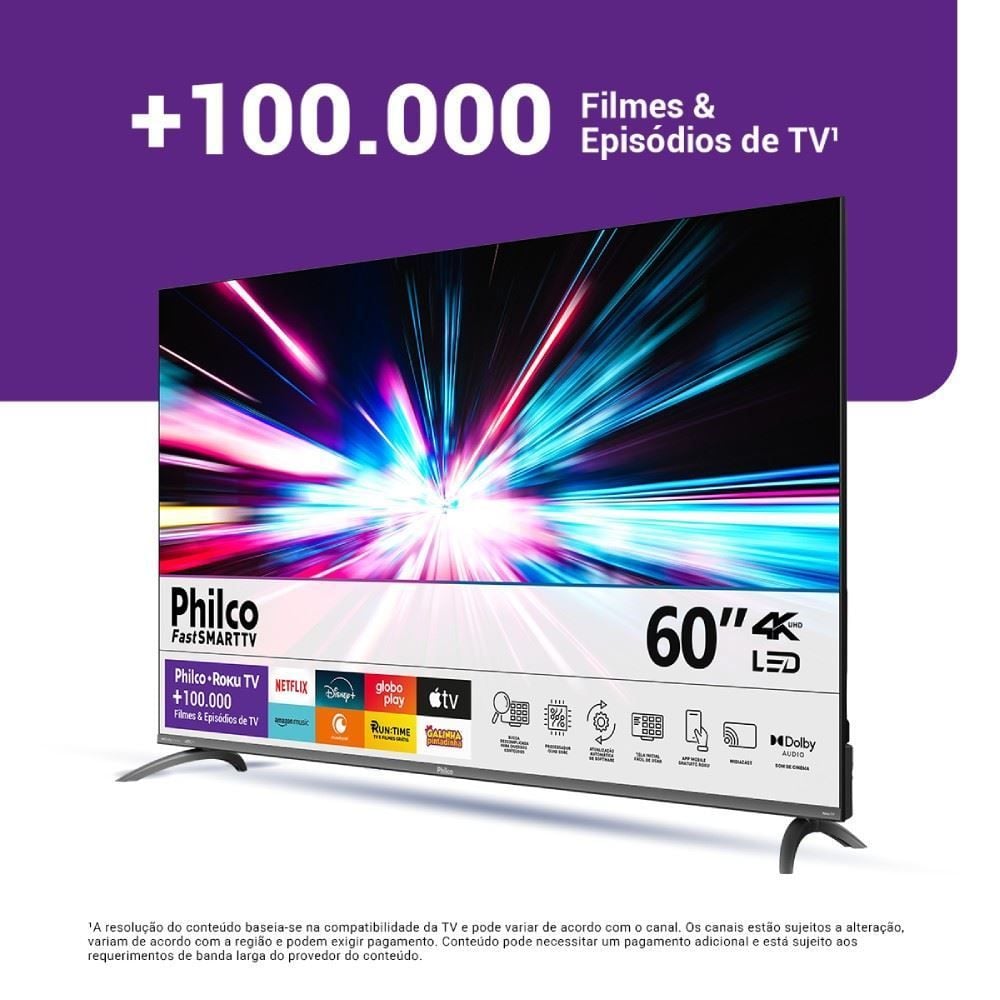 Smart Tv 60" Philco 4K Roku Borda Infinita Dolby Audio P60cra