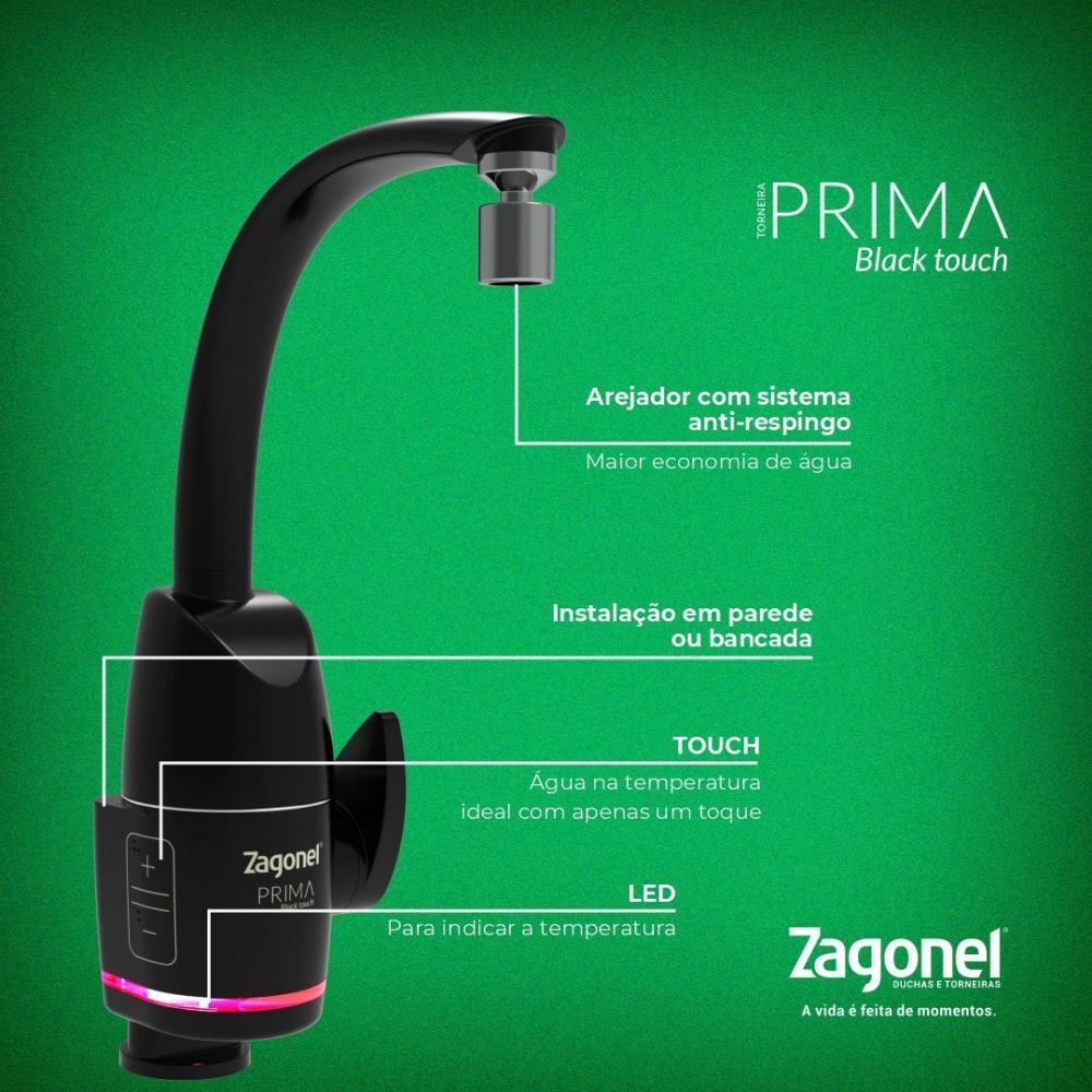 Torneira Eletrônica Zagonel 2 em 1 Prima Black Touch