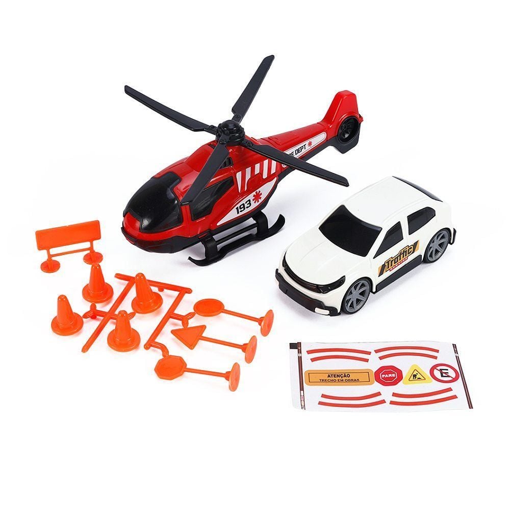 Conjunto Carro e Helicóptero Traffic Service Bs Toys - Sortido