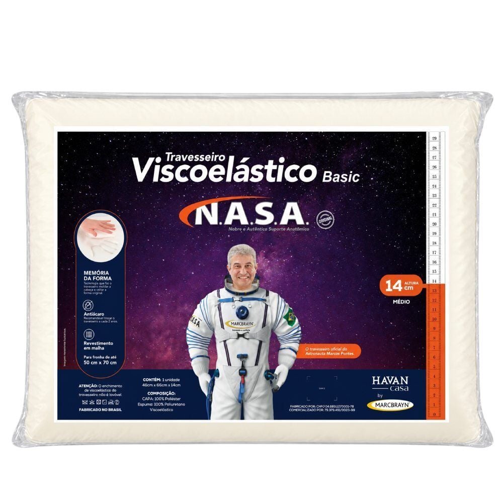 Travesseiro Viscoelástico Basic Nasa Antiácaro Médio 46X66cm Marcbrayn