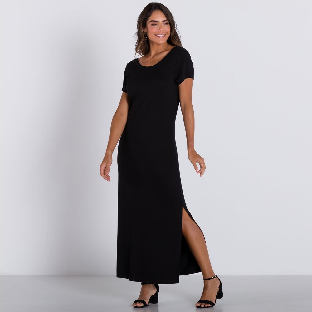 Vestido Liso Longo com Fenda Patrícia Foster