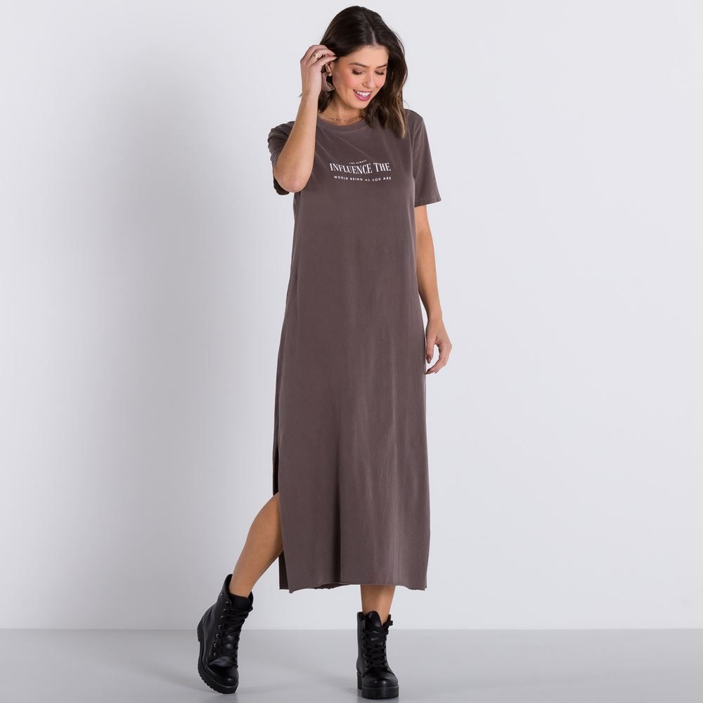 Vestido Longo Malha Estonada com Fenda Boby Blues
