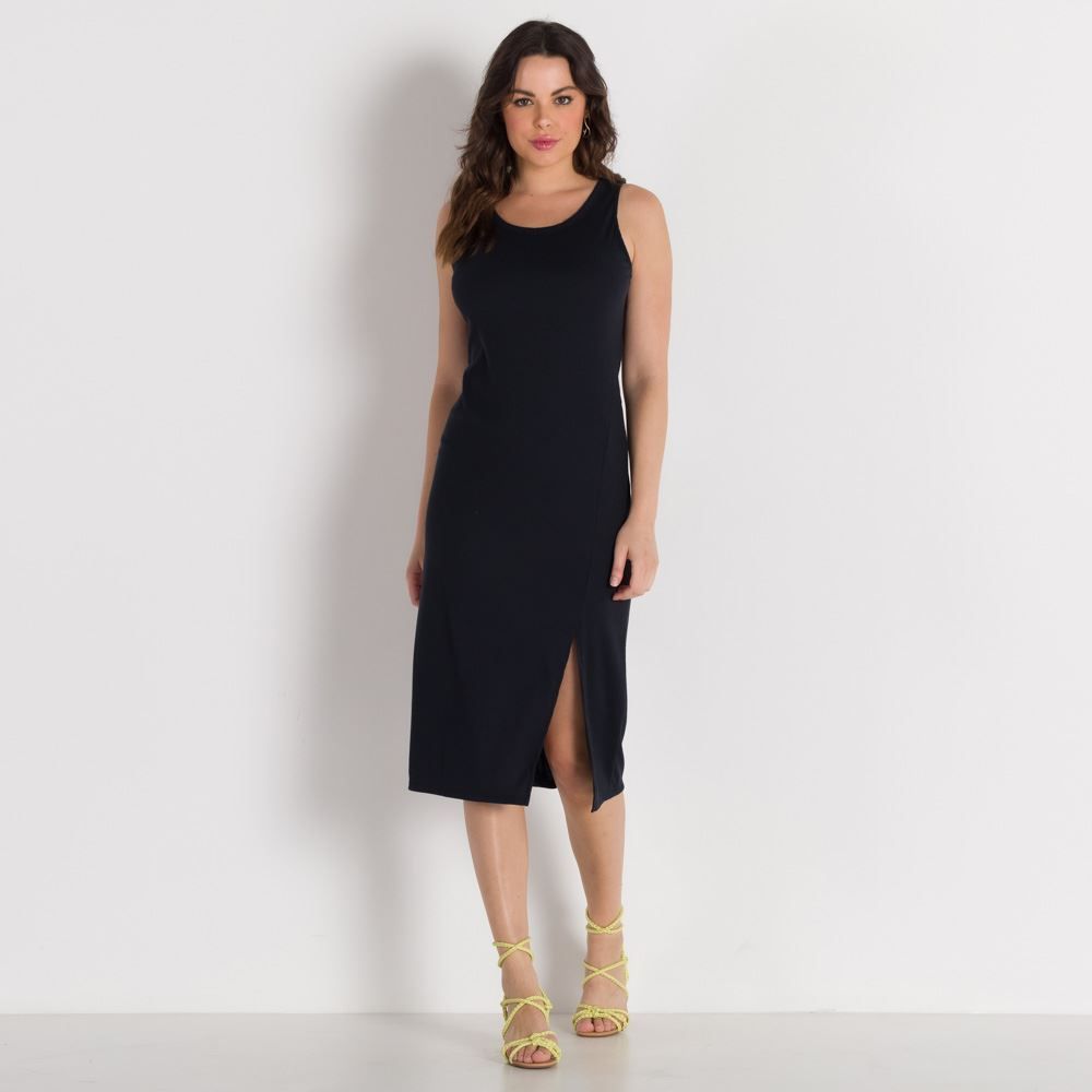 Vestido Midi Canelado com Fenda Patricia Foster