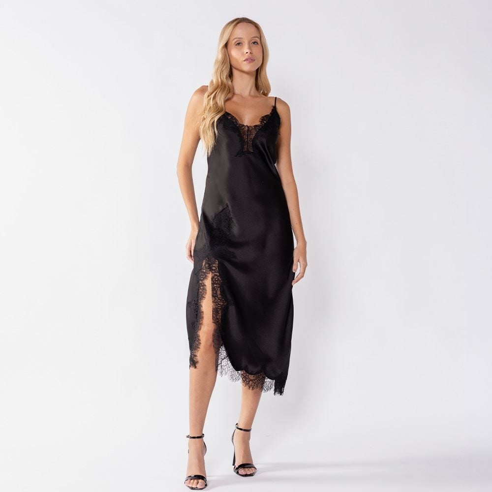 Vestido Midi De Cetim Com Detalhe De Renda Boby Blues