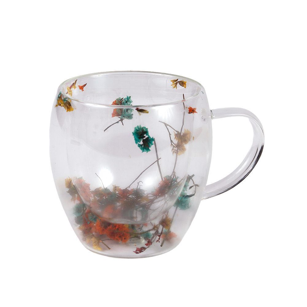 Xícara de Vidro Duplo com Flores Secas Coloridas 250Ml - Majestic