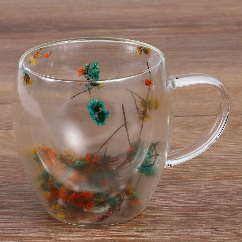 Xícara de Vidro Duplo com Flores Secas Coloridas 250Ml - Majestic
