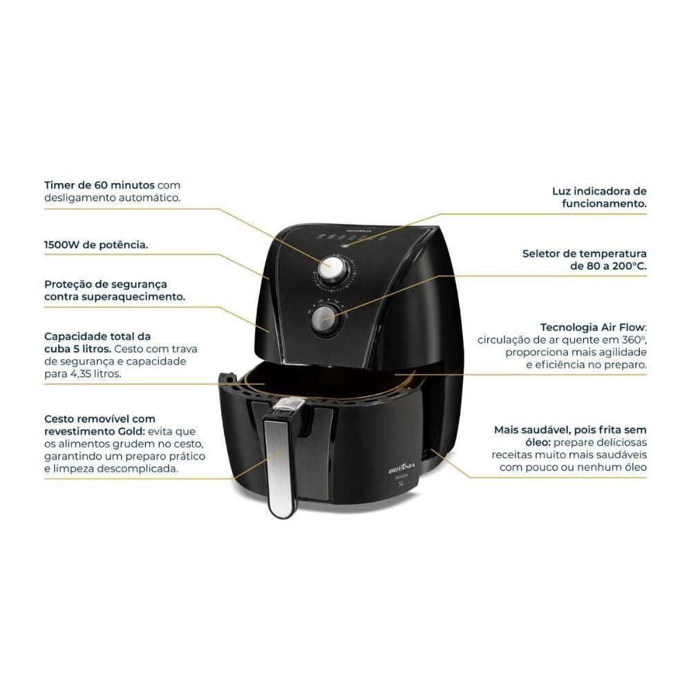 Air Fryer Britânia 5 Litros Antiaderente Gold 1500W BAF45A