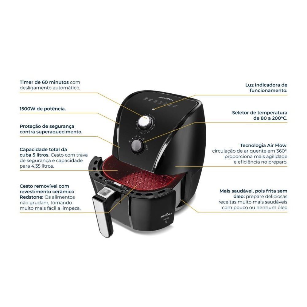 Fritadeira Air Fryer Britânia 5 Litros Cesto Quadrado Redstone 1500W BAF45B
