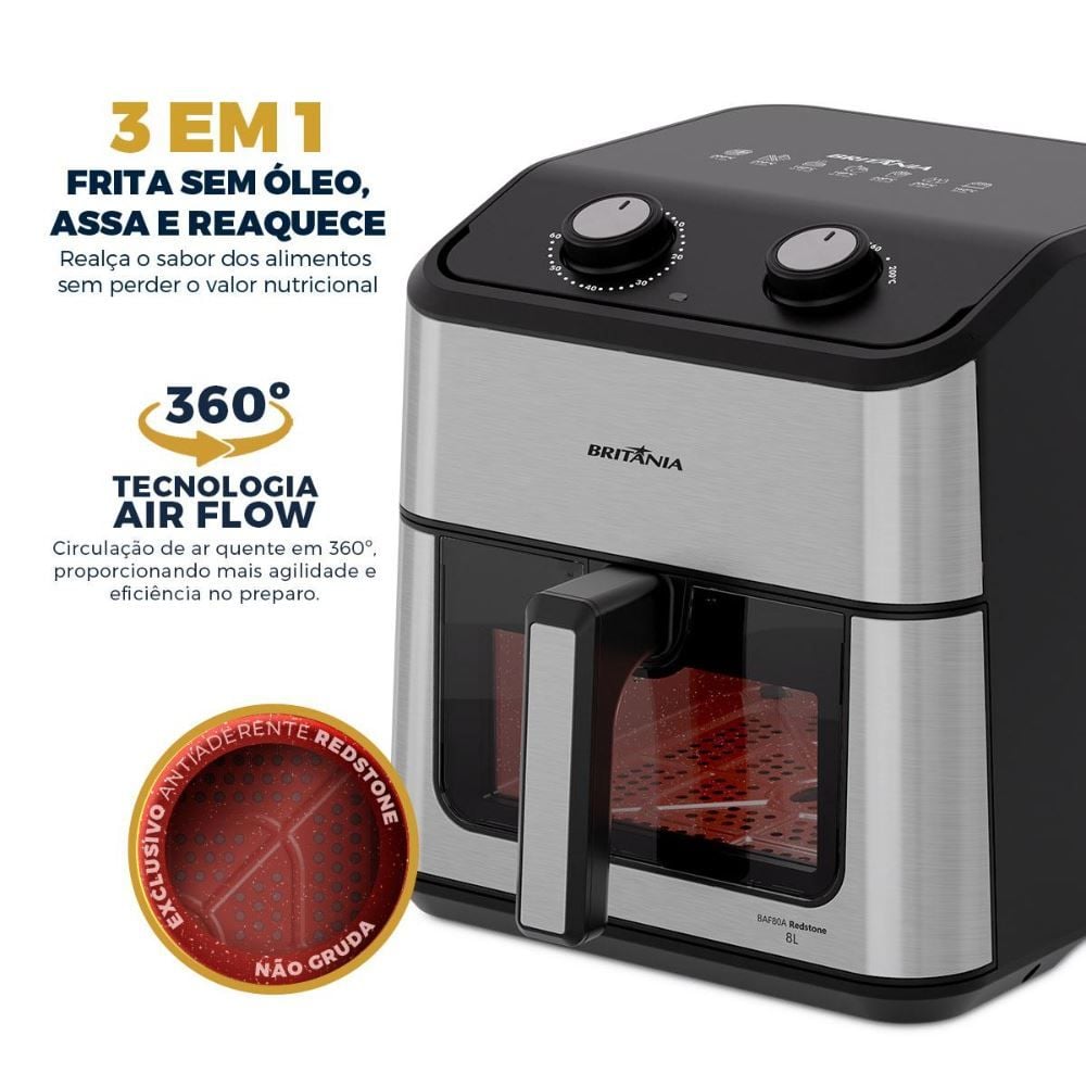 Air Fryer Britânia 8 Litros 3 em 1 Redstone Cesto Quadrado BAF80A