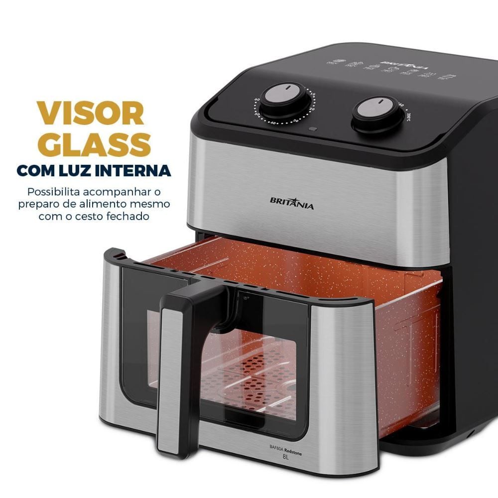 Air Fryer Britânia 8 Litros 3 em 1 Redstone Cesto Quadrado BAF80A