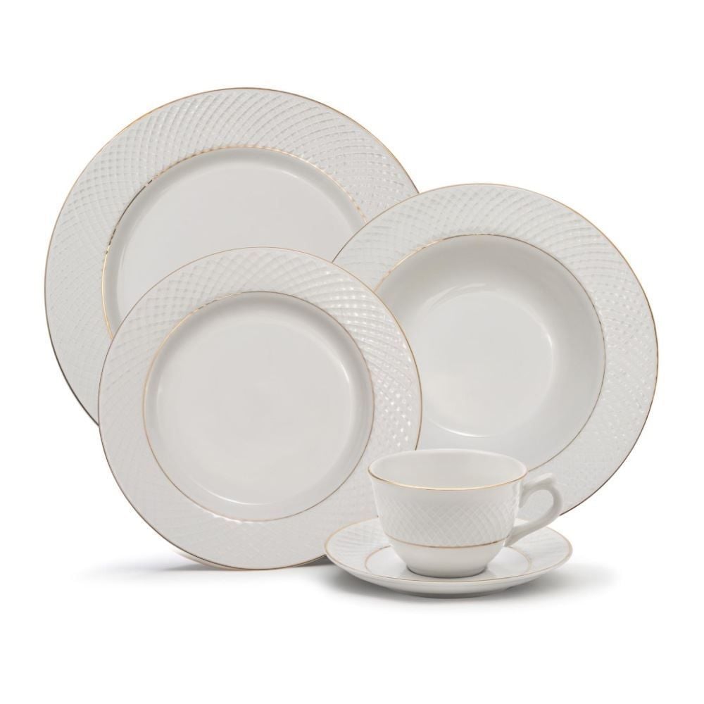 Aparelho De Jantar Porcelana Elizabeth Com Filete Dourado Havan Casa 20 Peças - Branco