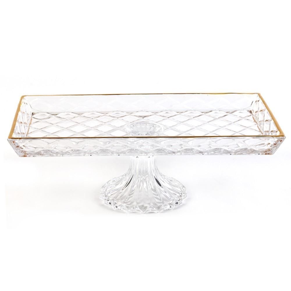 Bandeja Com Pé Diamond Com Filete Dourado Lyor 34,5Cm - Cristal 