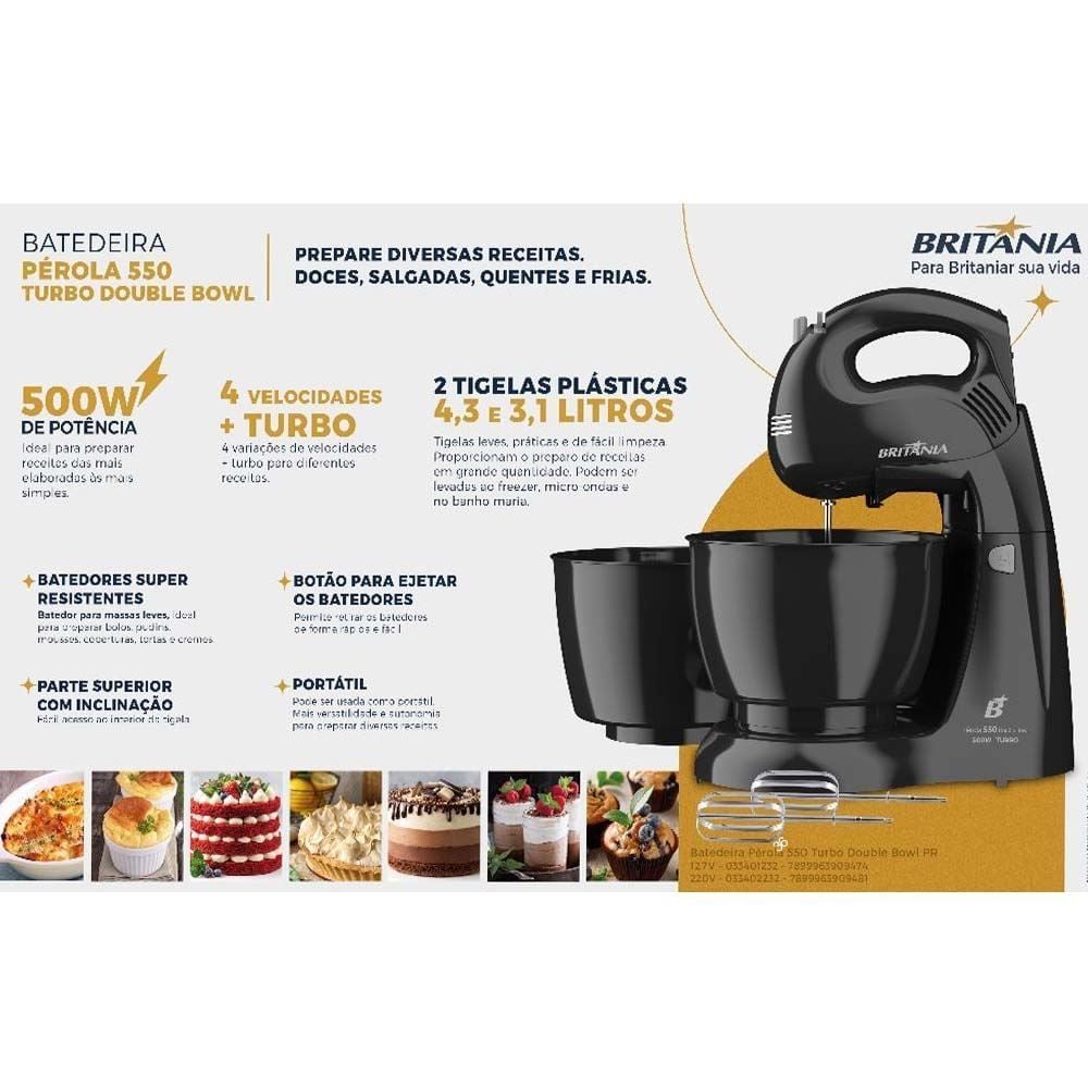 Batedeira Perola 550 Double Bowl Preta 500W Britânia