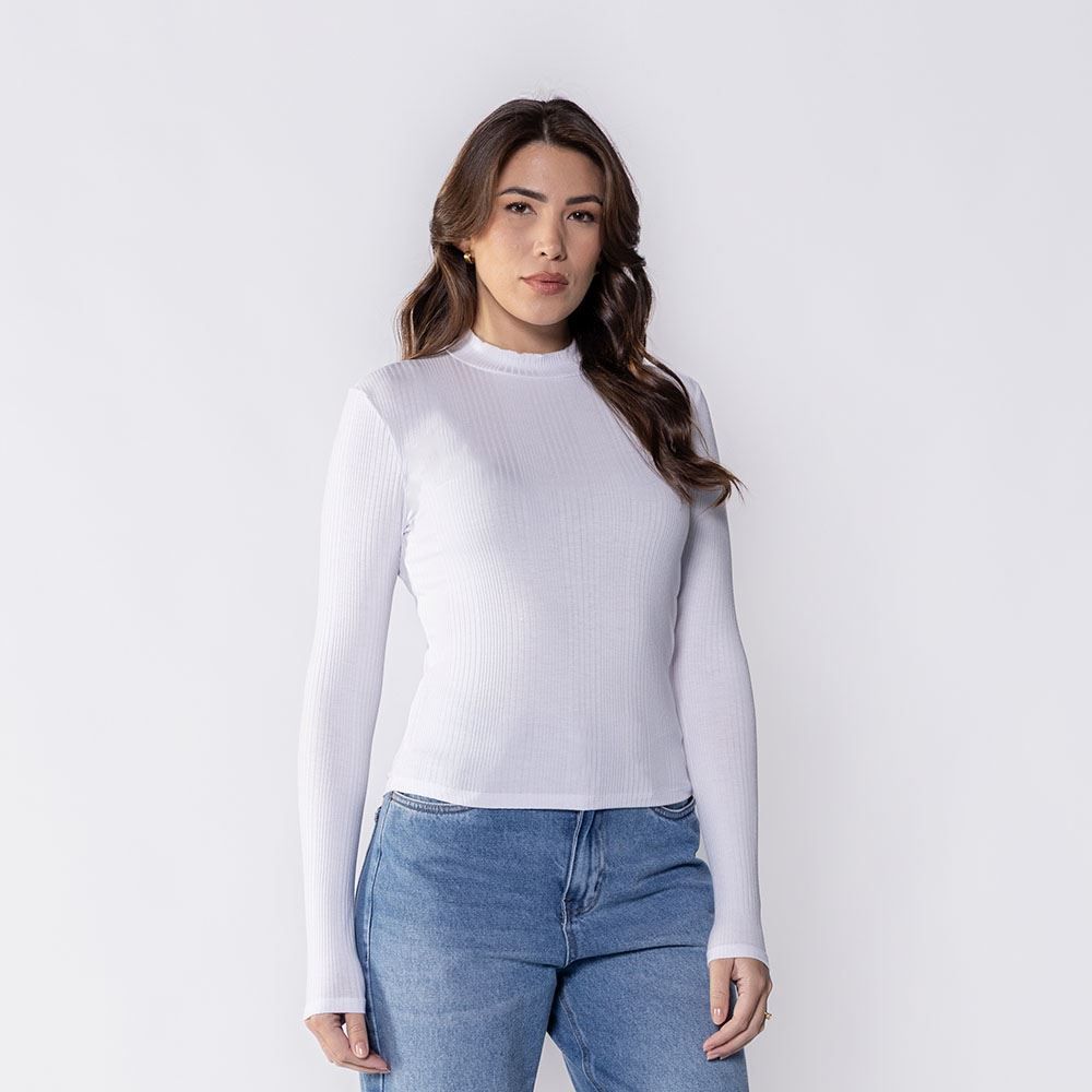 Blusa Feminina Com Manga Longa E Gola Alta Canelada Patricia Foster