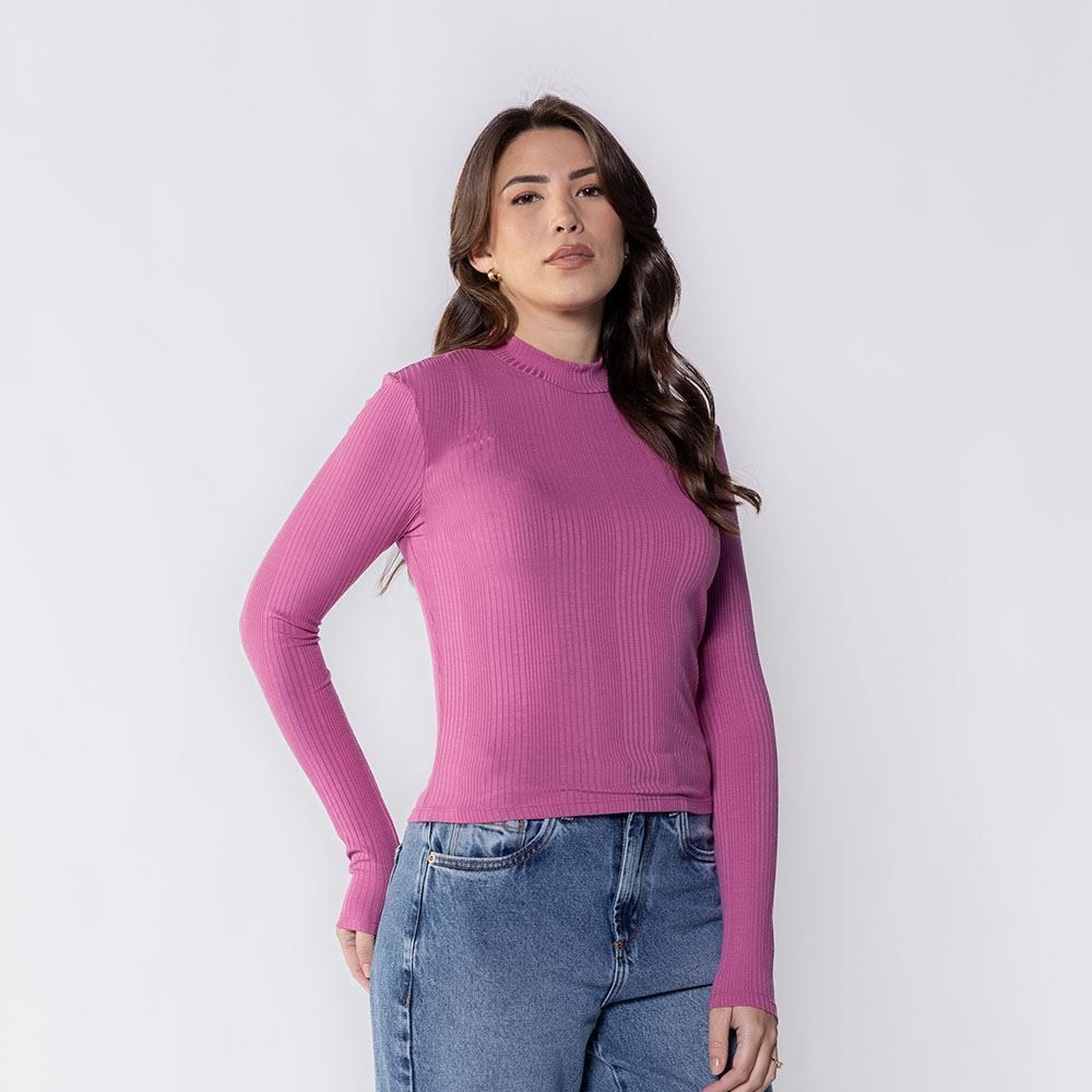 Blusa Feminina Com Manga Longa E Gola Alta Canelada Patricia Foster