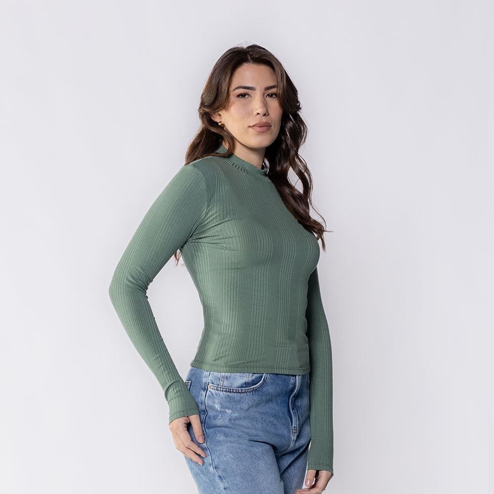 Blusa Feminina Com Manga Longa E Gola Alta Canelada Patricia Foster