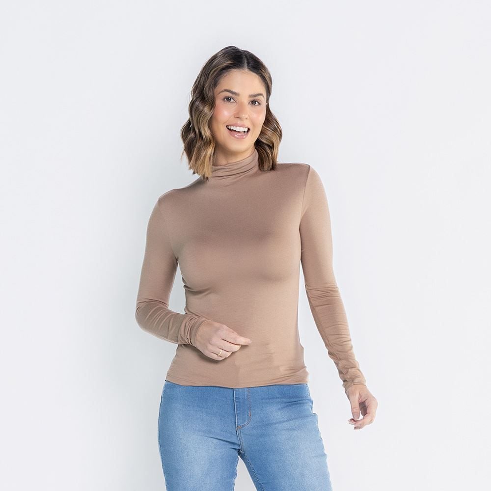Blusa Feminina Gola Alta E Manga Longa De Viscose Patricia Foster