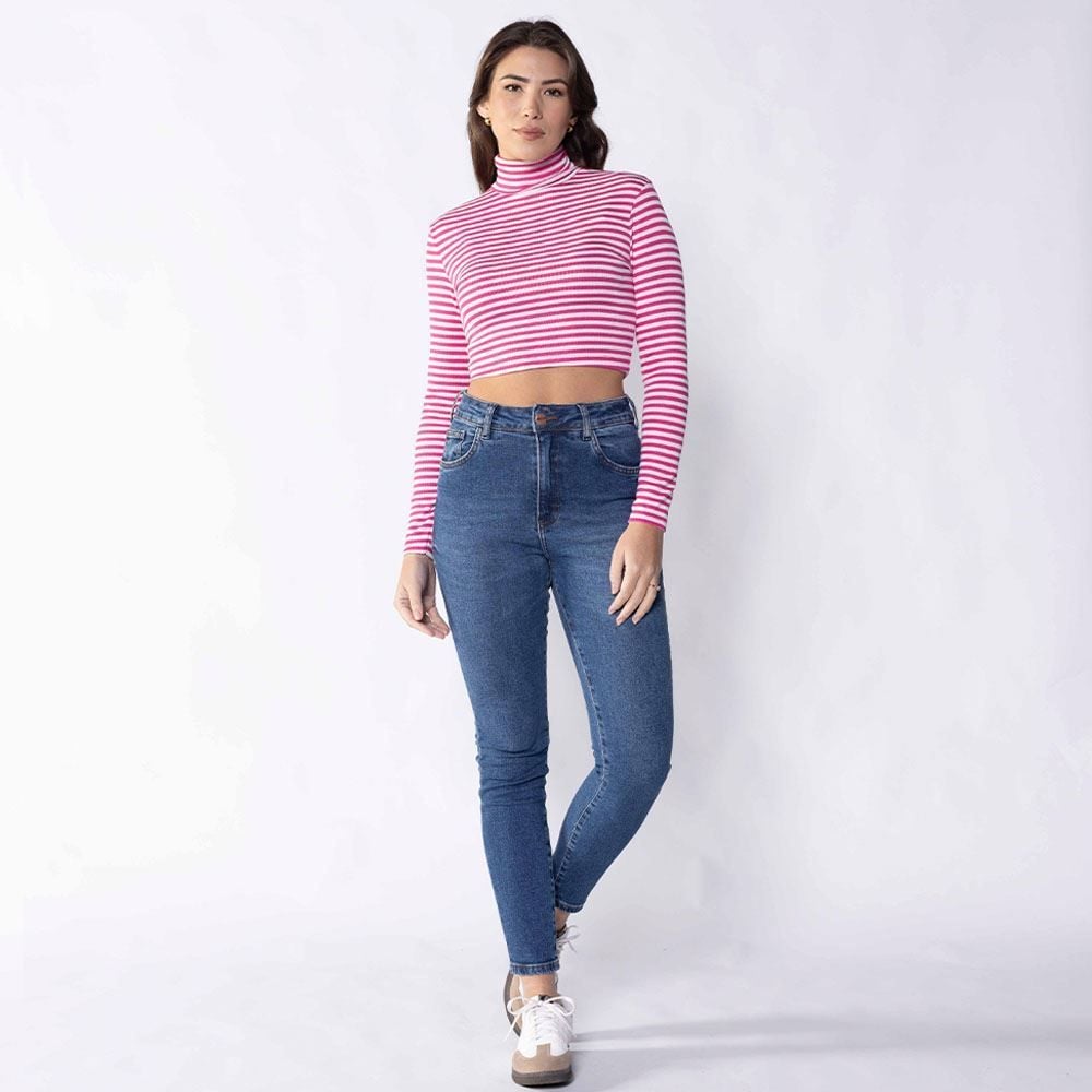 Blusa Feminina Listrada De Gola Alta Boby Blues