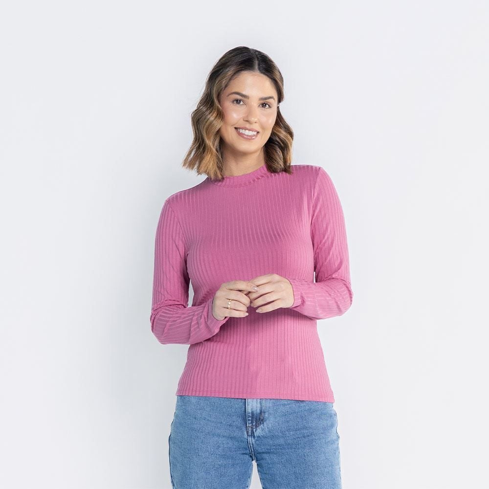 Blusa Feminina Manga Longa E Gola Alta Canelada Patricia Foster
