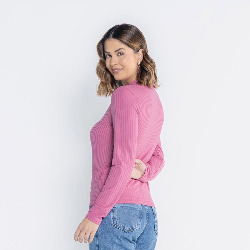 Blusa Feminina Manga Longa E Gola Alta Canelada Patricia Foster