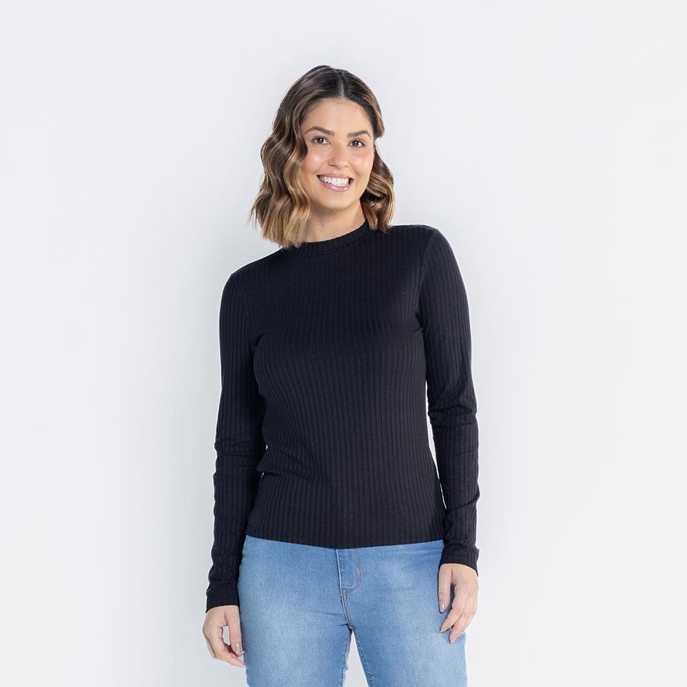 Blusa Feminina Manga Longa E Gola Alta Canelada Patricia Foster