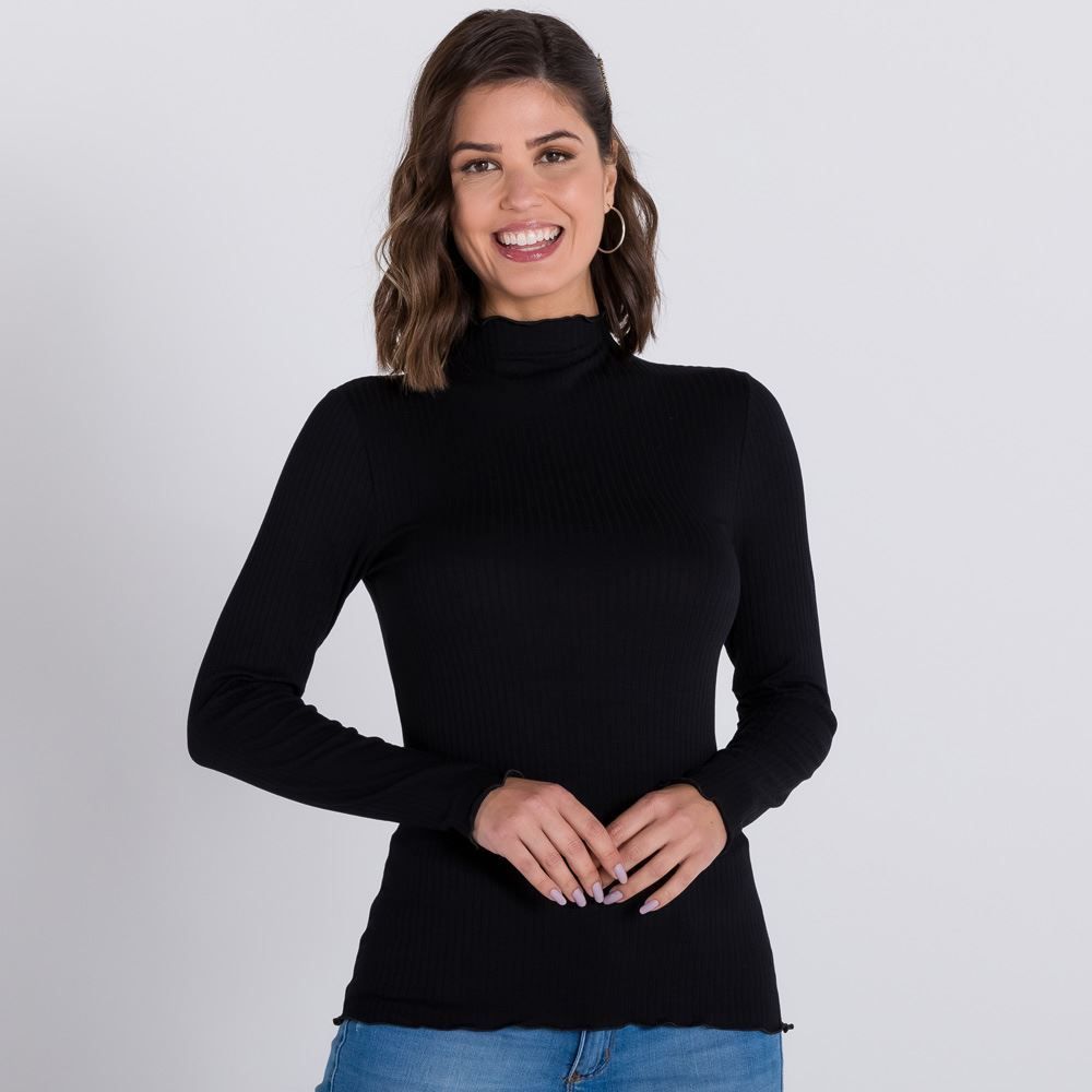 Blusa Manga Longa Canelada com Frufru Patrícia Foster
