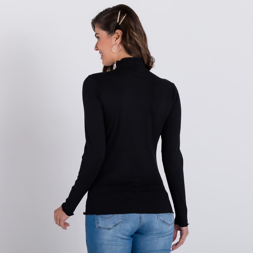 Blusa Manga Longa Canelada com Frufru Patrícia Foster