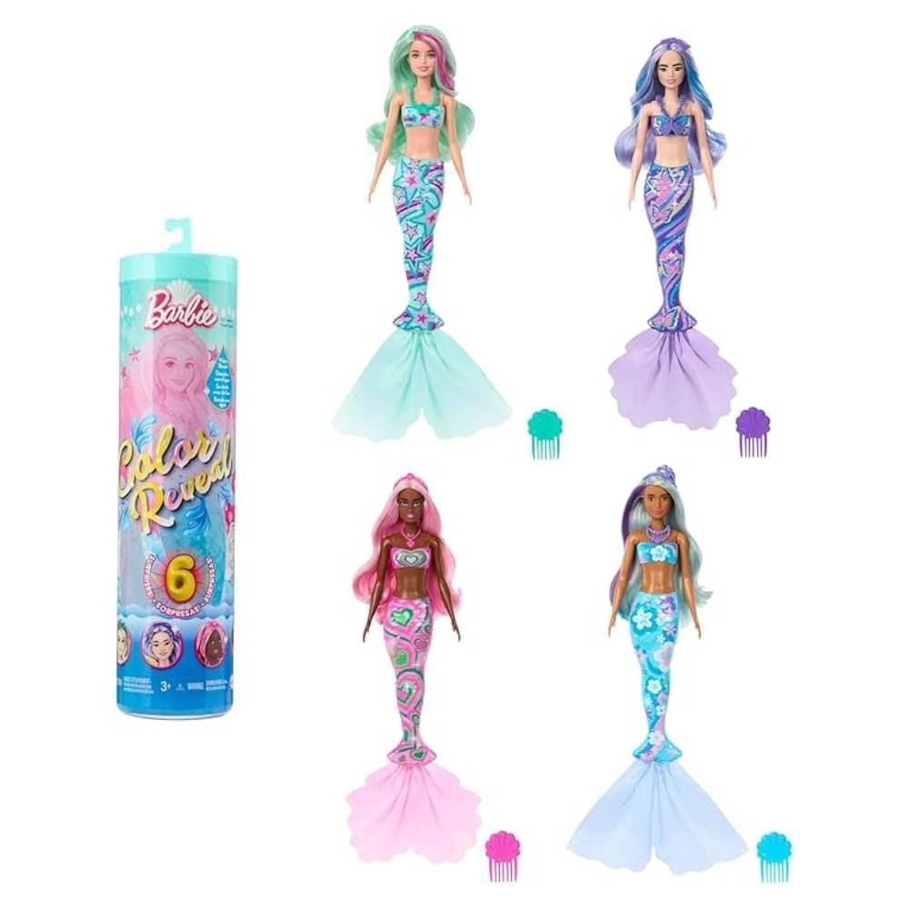 Boneca Barbie Color Reveal Sereia Surpresa Mattel Com 6 Acessórios - HTH45