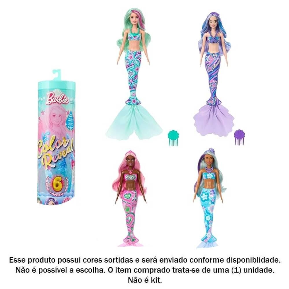 Boneca Barbie Color Reveal Sereia Surpresa Mattel Com 6 Acessórios - HTH45