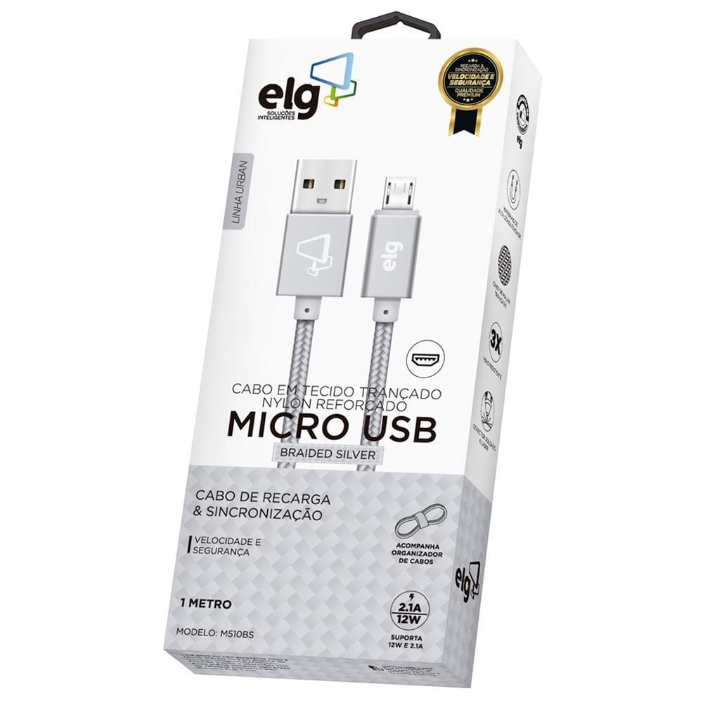 Cabo Micro Usb Nylon Trançado Elg 1 Metro M510 - Prata