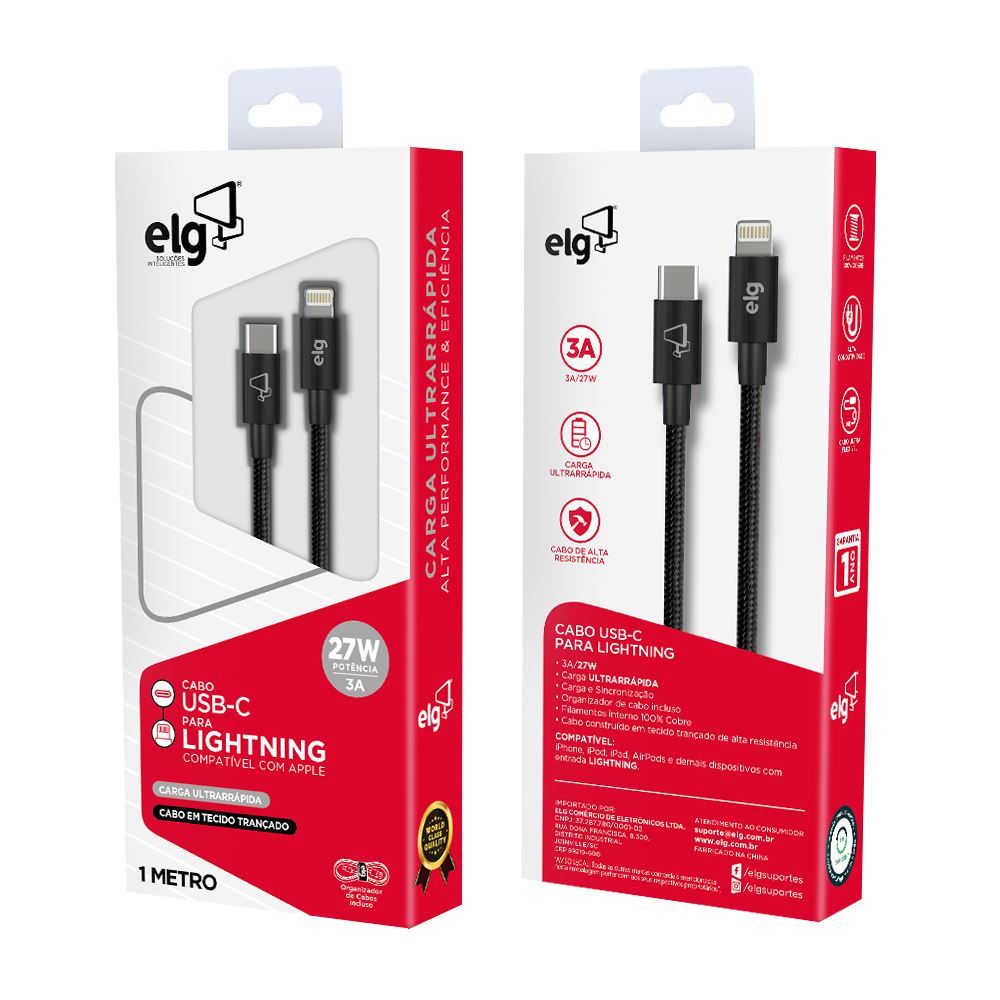 Cabo Usb Tipo-C Para Lightningi Preto Elg Recarga E Sincronização