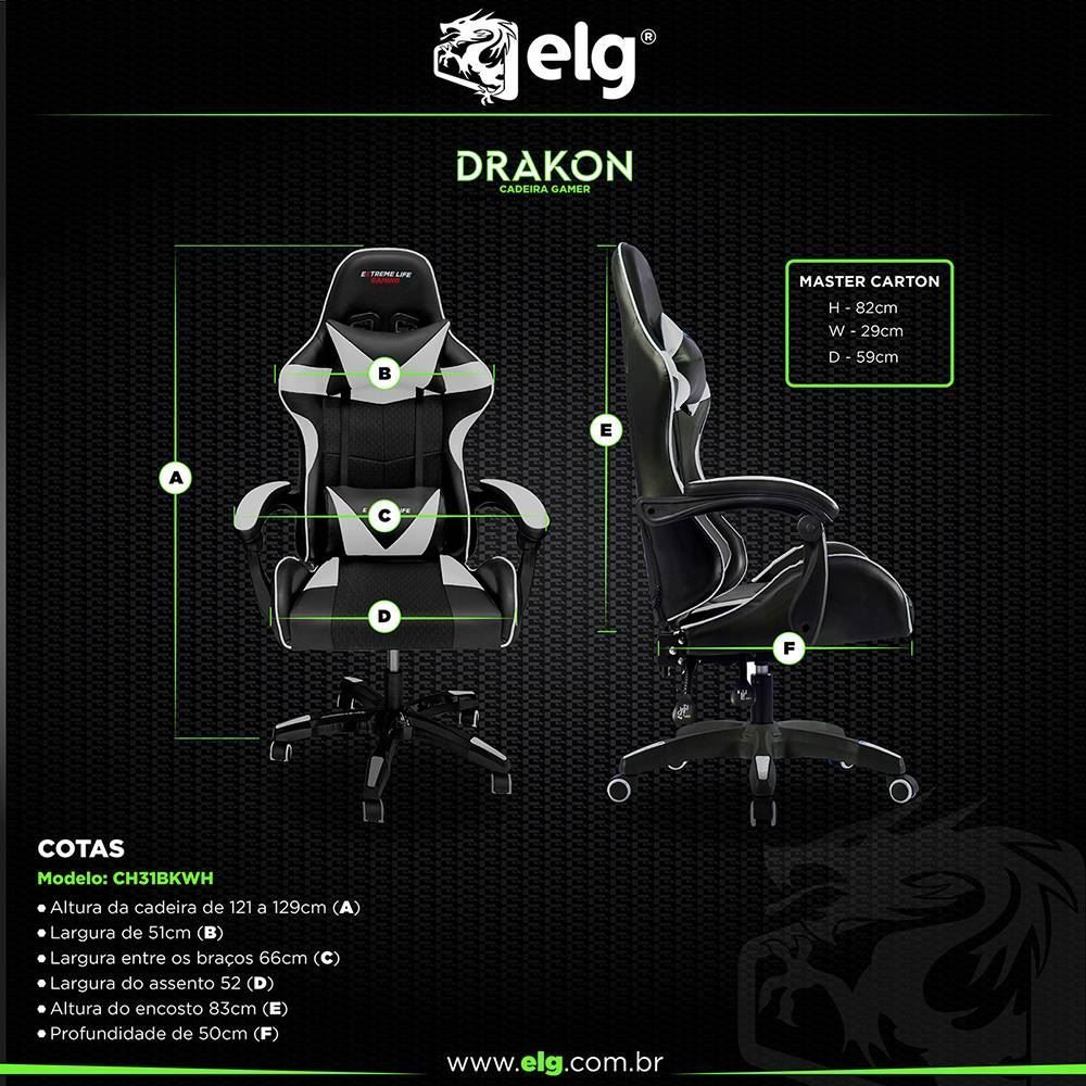 Cadeira Gamer Drakon Ch31bkwh Elg - Preto/ Branco