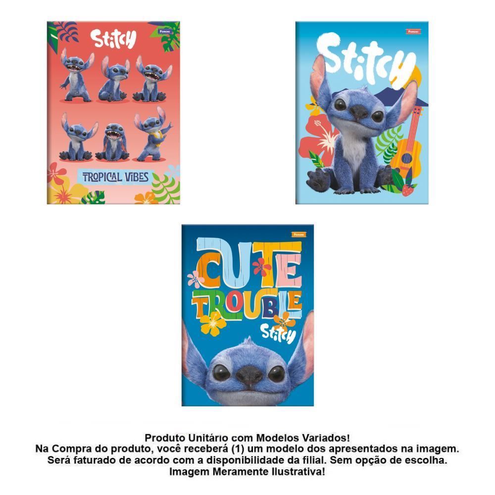 Caderno Brochura Capa Dura 1/4 Stitch Movie 80 Folhas Foroni - Sortido