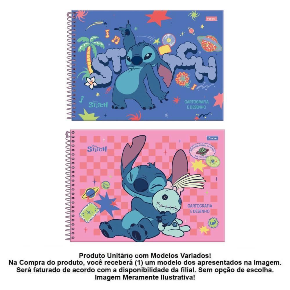 Caderno de Desenho e Cartografia Stitch 80 Folhas Foroni - Sortido