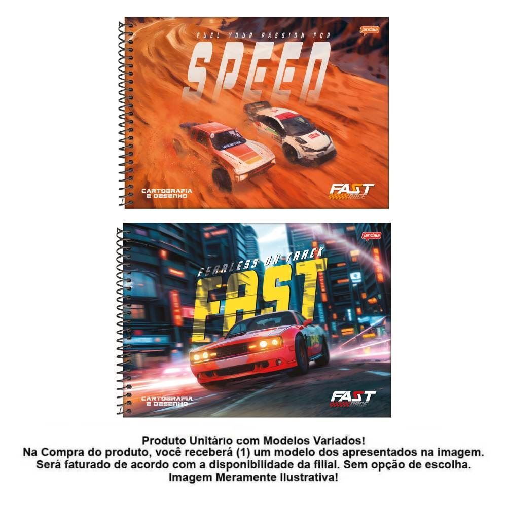 Caderno de Desenho Cartografia Fast Race 80 Folhas Jandaia - Sortido