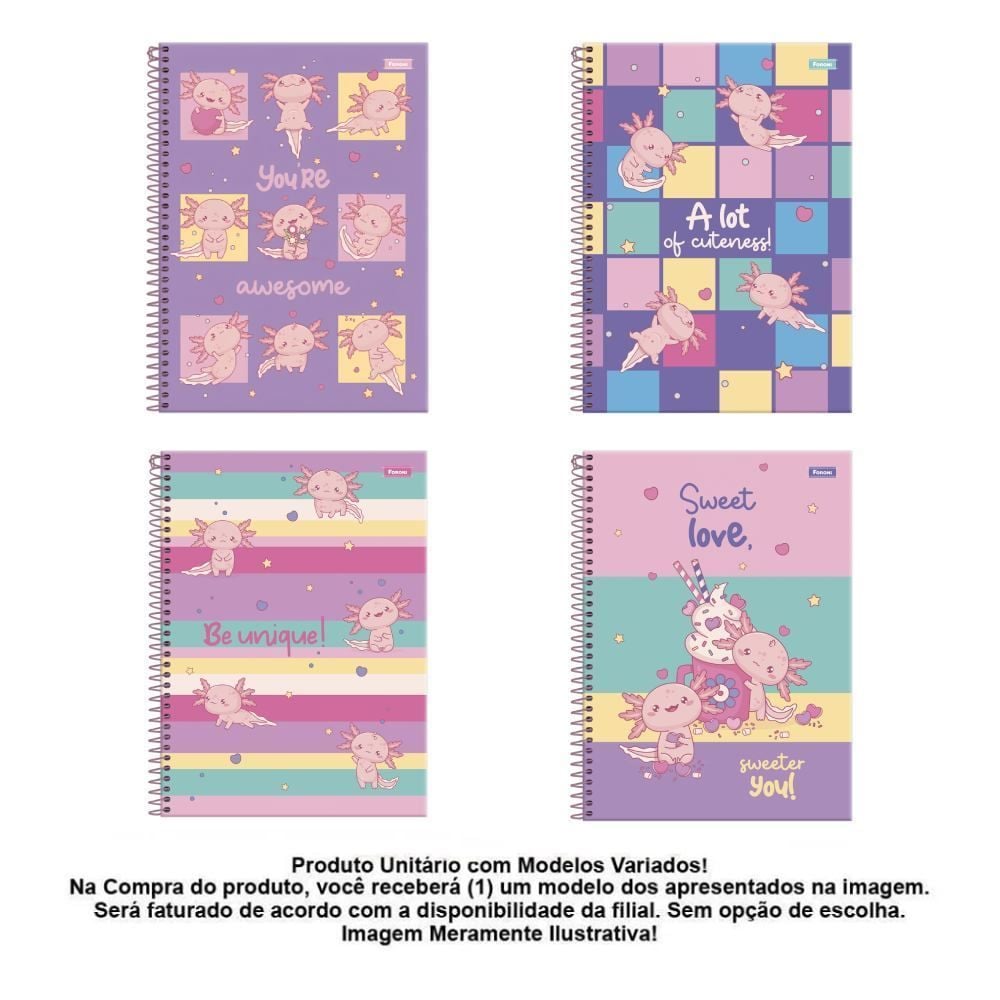 Caderno Universitário Espiral Axolove 80 Folhas Foroni - Sortido