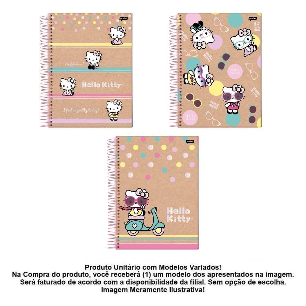 Caderno Universitário Espiral Hello Kitty Kraft 160 Folhas Jandaia - Sortido 