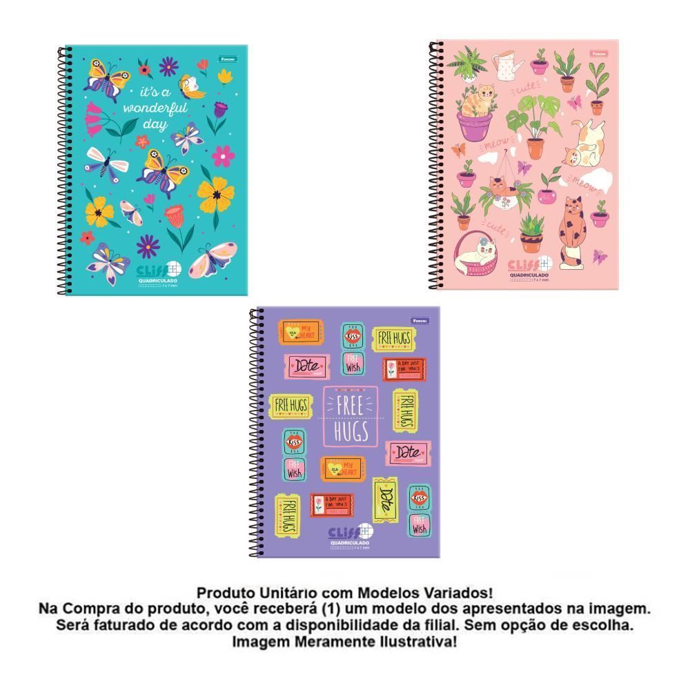 Caderno Universitário Espiral Quadriculado 80 Folhas Foroni - Sortido