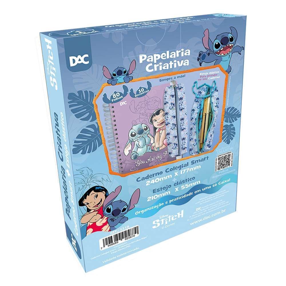 Caixa Criativa Caderno Smart Colegial e Estojo Stitch Dac - Azul