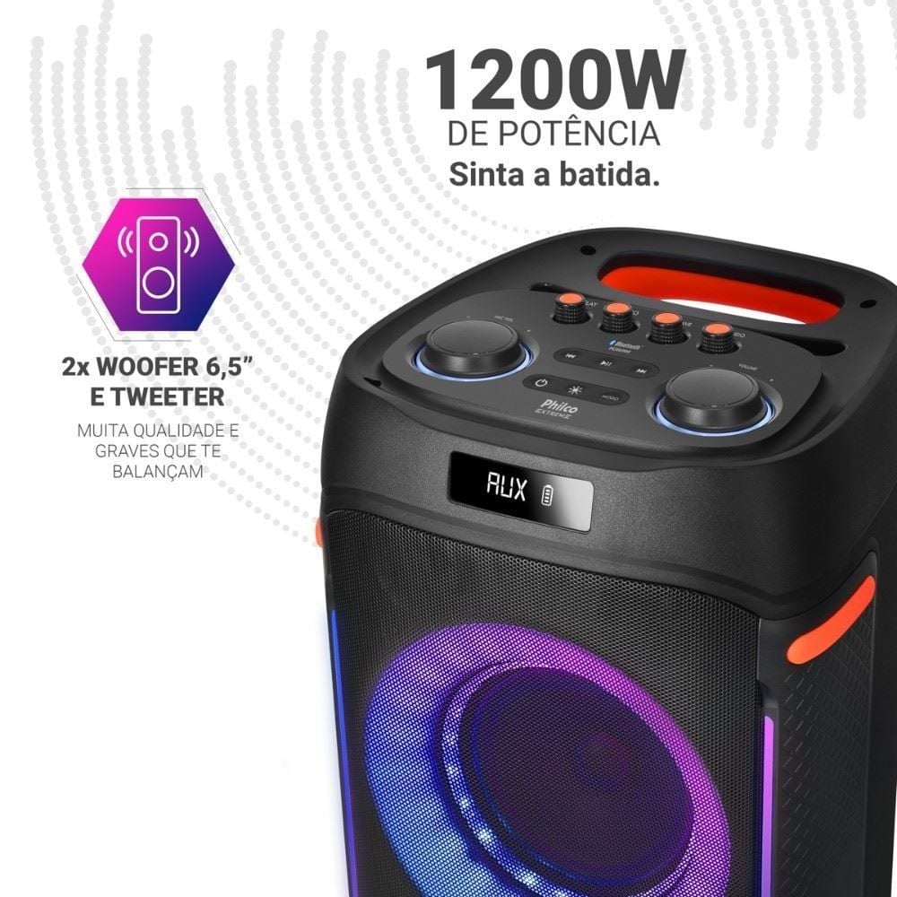 Caixa de Som Amplificada Philco Ex Bass 1200W com 2 Microfones Pcx6900 