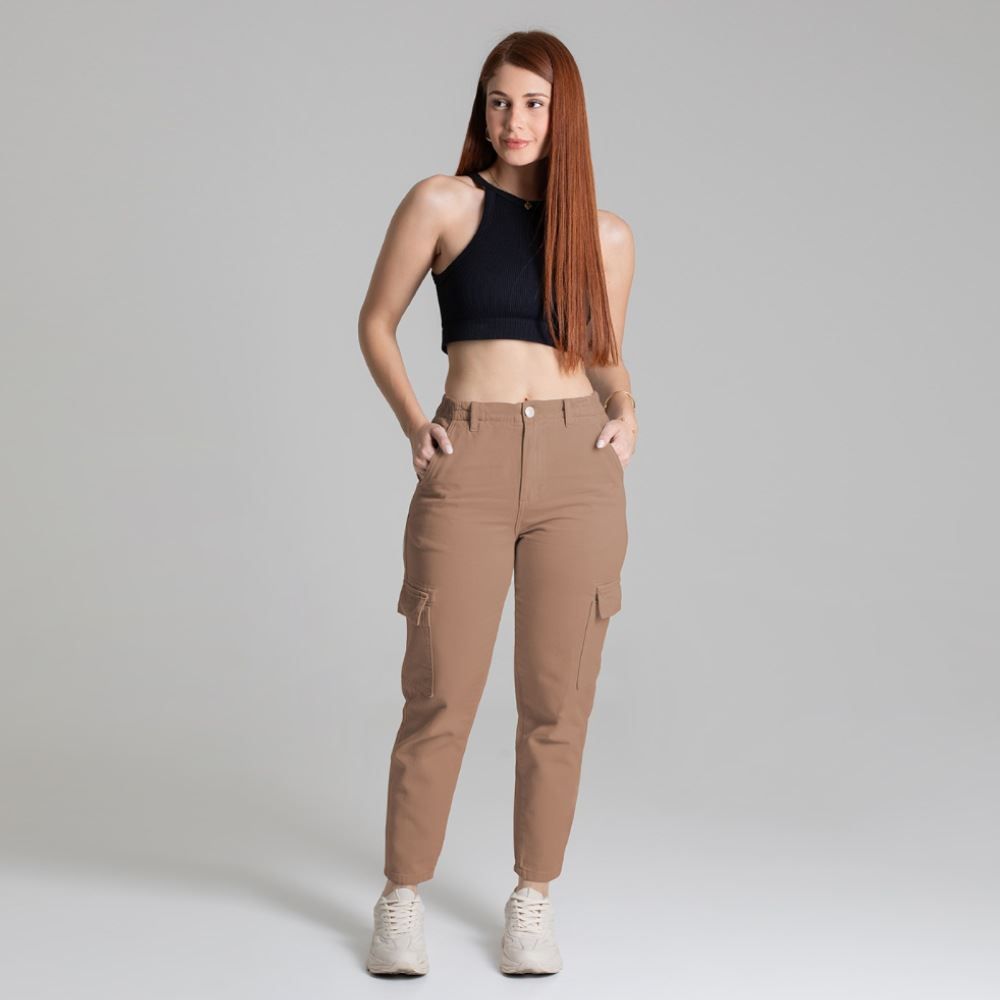 Calça Feminina Mom Cargo De Sarja Sawary