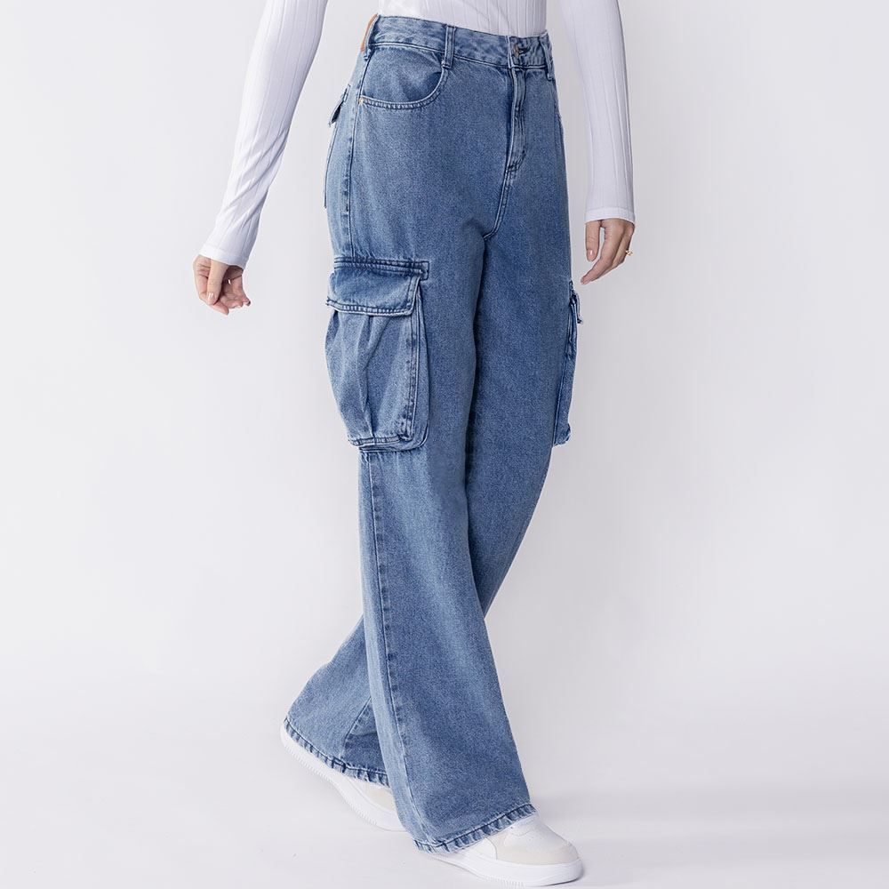 Calça Feminina Wide Leg Cargo Jeans Boby Blues