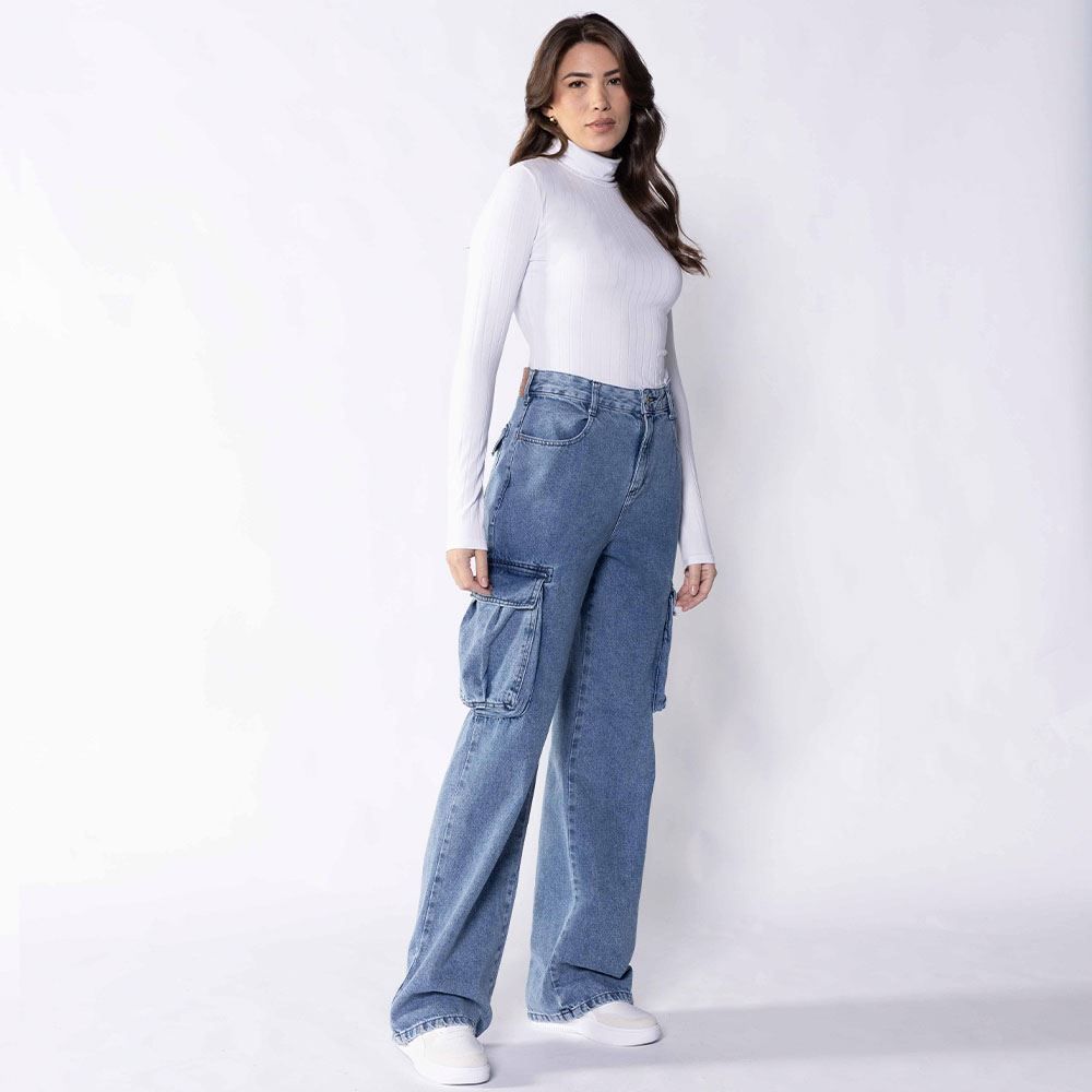 Calça Feminina Wide Leg Cargo Jeans Boby Blues