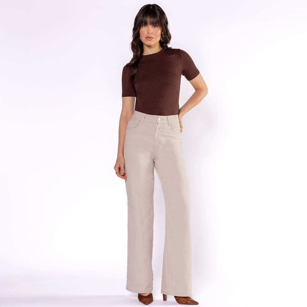 Calça Feminina Wide Leg Collor Em Sarja Sawary
