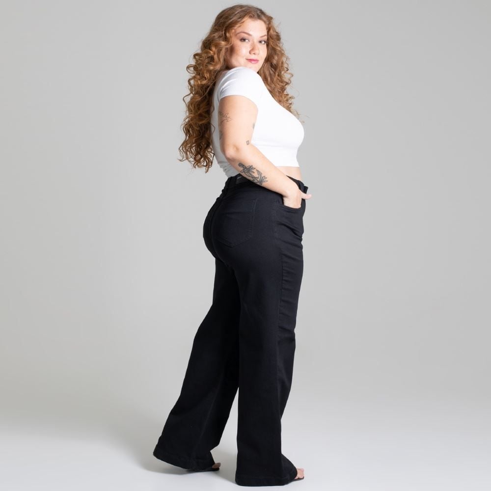 Calça Feminina Wide Leg De Sarja Sawary