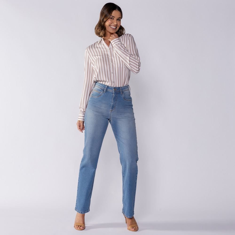 Calça Jeans Feminina Reta Com Elástico Patricia Foster