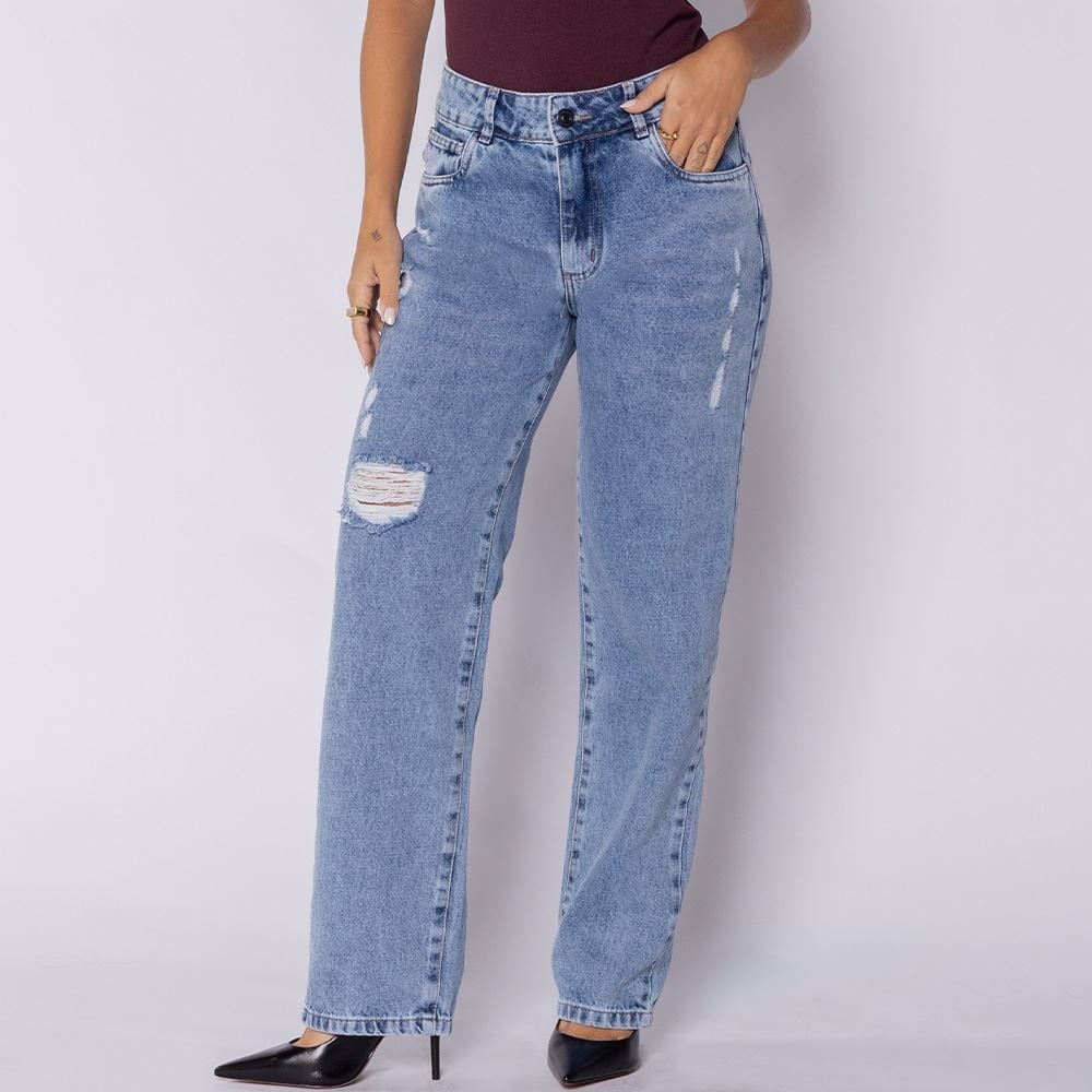 Calça Jeans Feminina Reta Com Rasgos Sawary