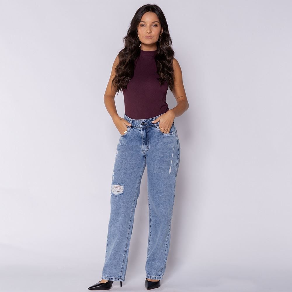 Calça Jeans Feminina Reta Com Rasgos Sawary